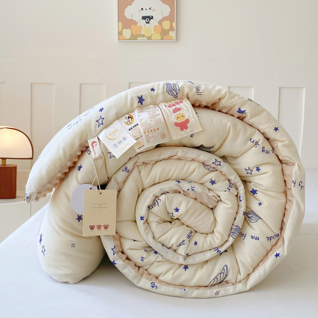 小叮当家纺仓储工厂店 2025新款A类母婴级全棉双层纱婴儿绒210g豆豆被20%大豆纤维单人双人被芯 星际