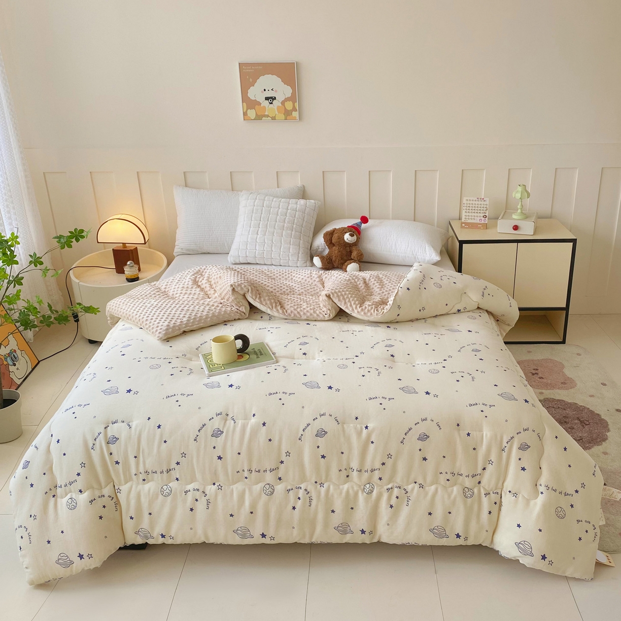 91家纺网 家纺一手货源 找家纺 小叮当家纺仓储工厂店 2025新款A类母婴级全棉双层纱婴儿绒210g豆豆被20%大豆纤维单人双人被芯 星际