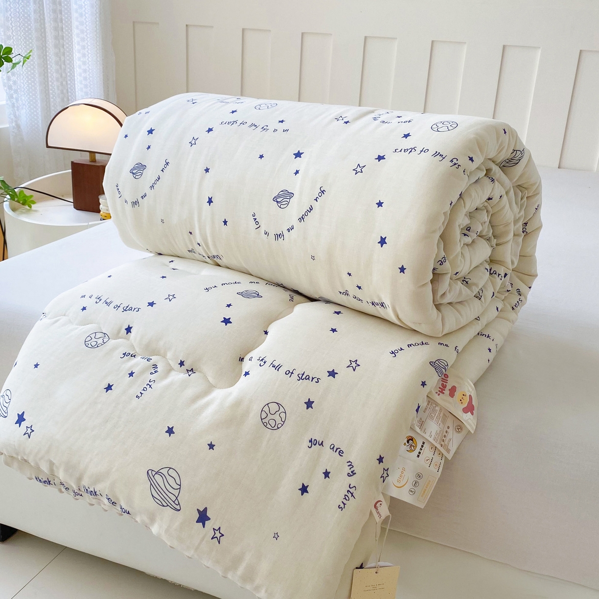 91家纺网 家纺一手货源 找家纺 小叮当家纺仓储工厂店 2025新款A类母婴级全棉双层纱婴儿绒210g豆豆被20%大豆纤维单人双人被芯 星际