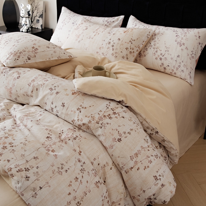 91家纺网 家纺一手货源 找家纺 禾时 2025新款全棉纯棉双层纱印花四件套-暗合 述白-咖