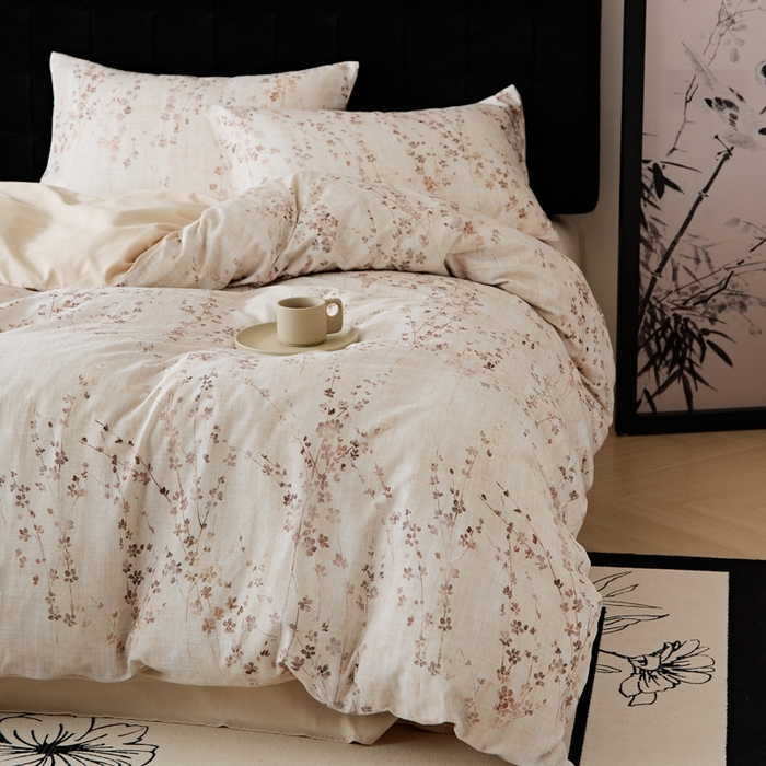 91家纺网 家纺一手货源 找家纺 禾时 2025新款全棉纯棉双层纱印花四件套-暗合 述白-咖