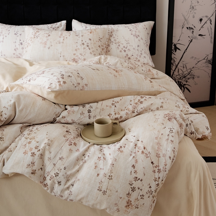 91家纺网 家纺一手货源 找家纺 禾时 2025新款全棉纯棉双层纱印花四件套-暗合 述白-咖