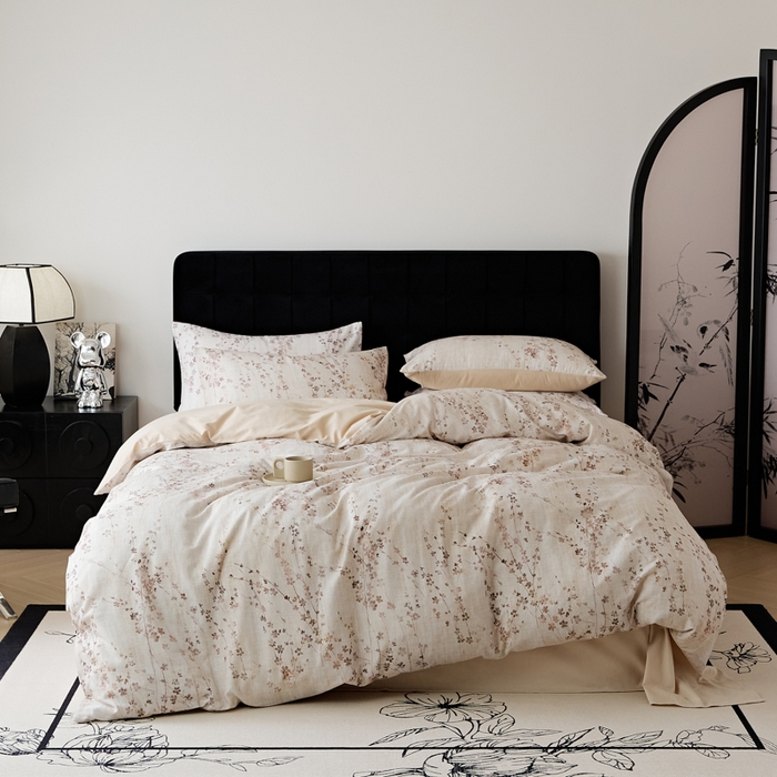 91家纺网 家纺一手货源 找家纺 禾时 2025新款全棉纯棉双层纱印花四件套-暗合 述白-咖