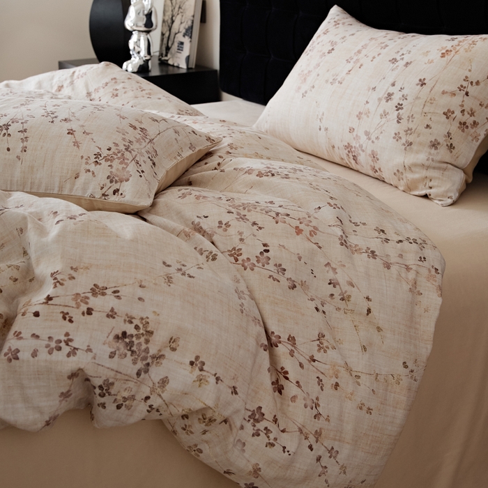 91家纺网 家纺一手货源 找家纺 禾时 2025新款全棉纯棉双层纱印花四件套-暗合 述白-咖