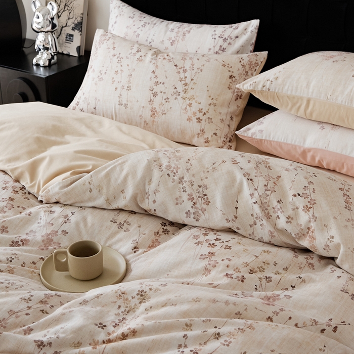 91家纺网 家纺一手货源 找家纺 禾时 2025新款全棉纯棉双层纱印花四件套-暗合 述白-咖