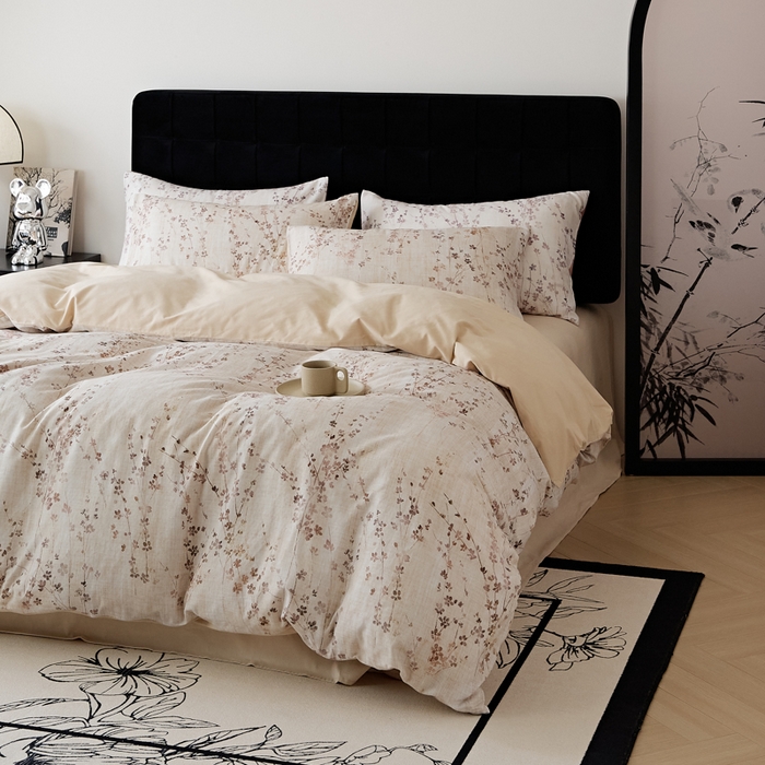 91家纺网 家纺一手货源 找家纺 禾时 2025新款全棉纯棉双层纱印花四件套-暗合 述白-咖