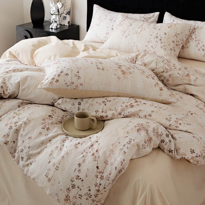 91家纺网 家纺一手货源 找家纺 禾时 2025新款全棉纯棉双层纱印花四件套-暗合 述白-咖