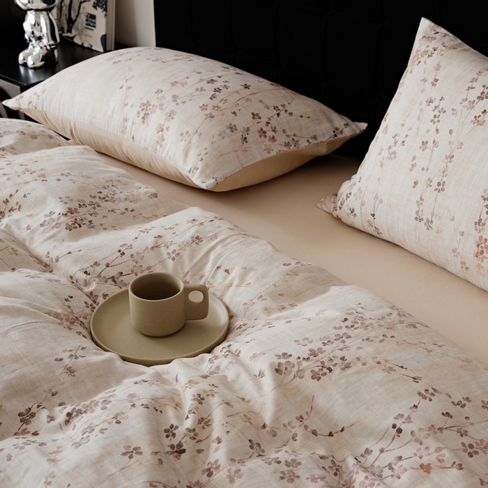 91家纺网 家纺一手货源 找家纺 禾时 2025新款全棉纯棉双层纱印花四件套-暗合 述白-咖