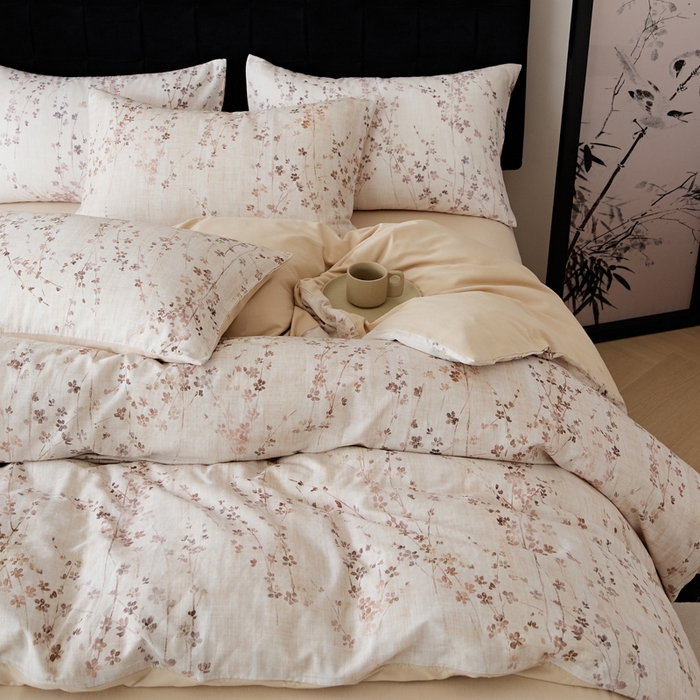 91家纺网 家纺一手货源 找家纺 禾时 2025新款全棉纯棉双层纱印花四件套-暗合 述白-咖