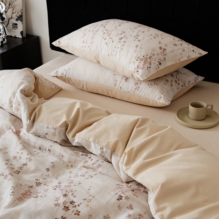 91家纺网 家纺一手货源 找家纺 禾时 2025新款全棉纯棉双层纱印花四件套-暗合 述白-咖