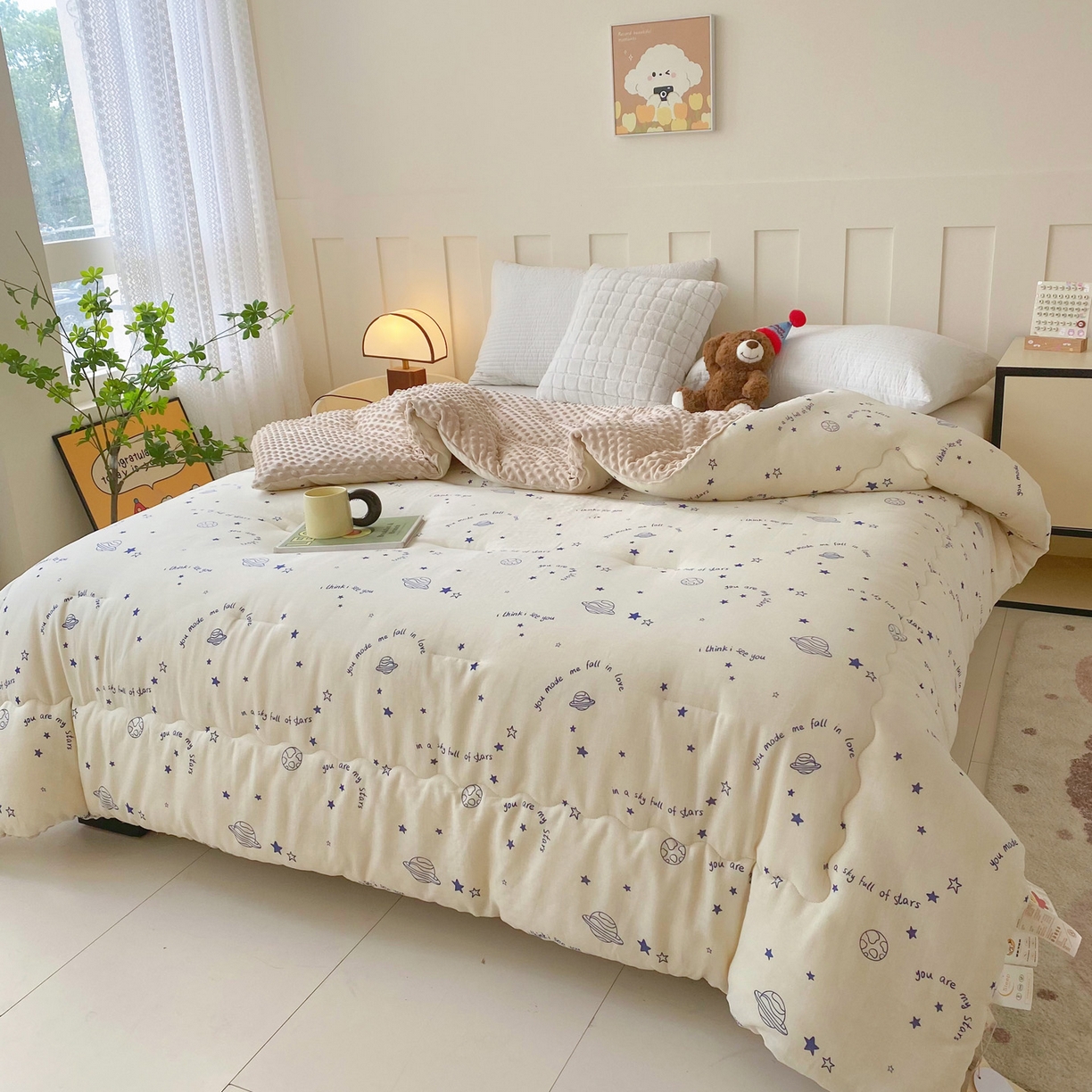 91家纺网 家纺一手货源 找家纺 小叮当家纺仓储工厂店 2025新款A类母婴级全棉双层纱婴儿绒210g豆豆被20%大豆纤维单人双人被芯 星际