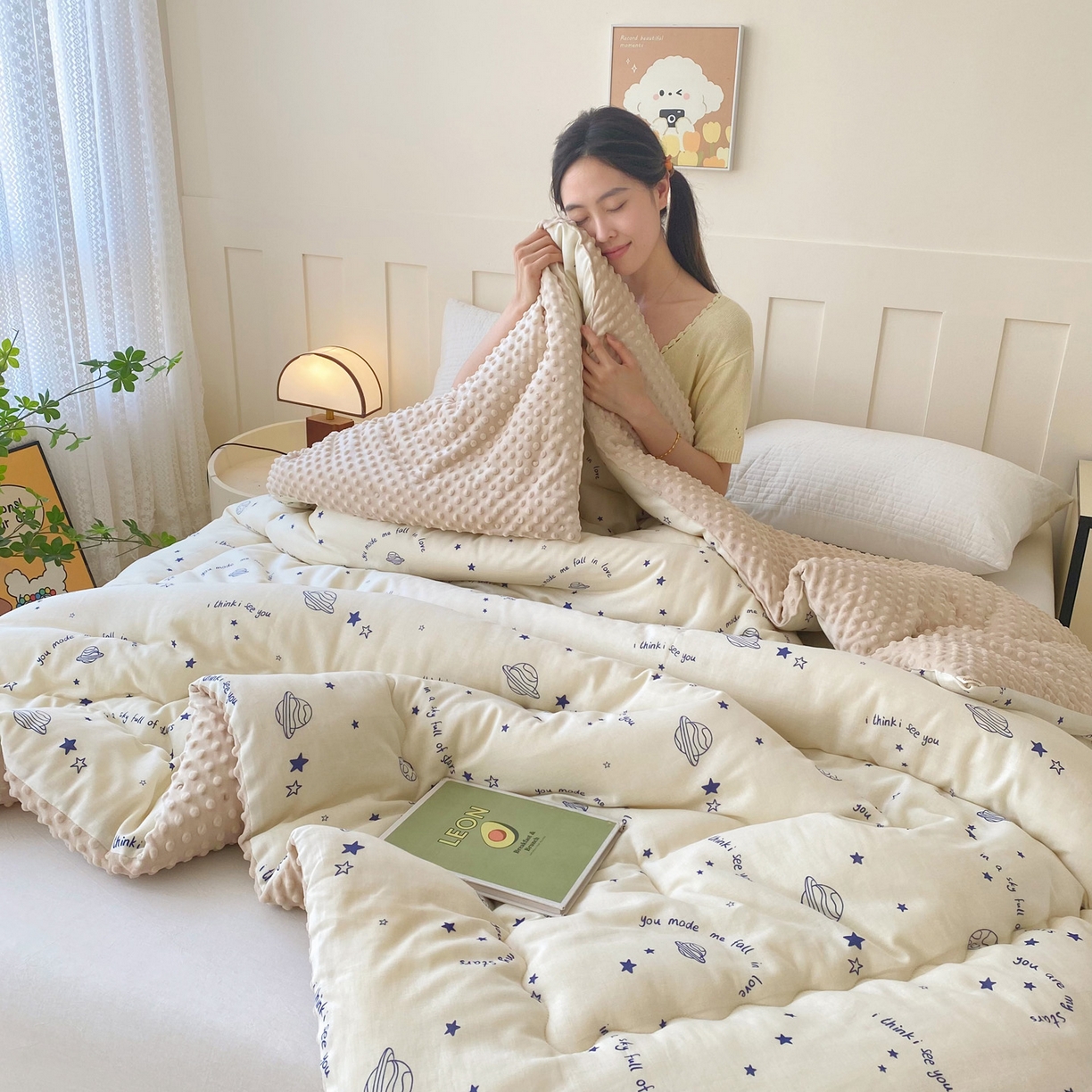 91家纺网 家纺一手货源 找家纺 小叮当家纺仓储工厂店 2025新款A类母婴级全棉双层纱婴儿绒210g豆豆被20%大豆纤维单人双人被芯 星际