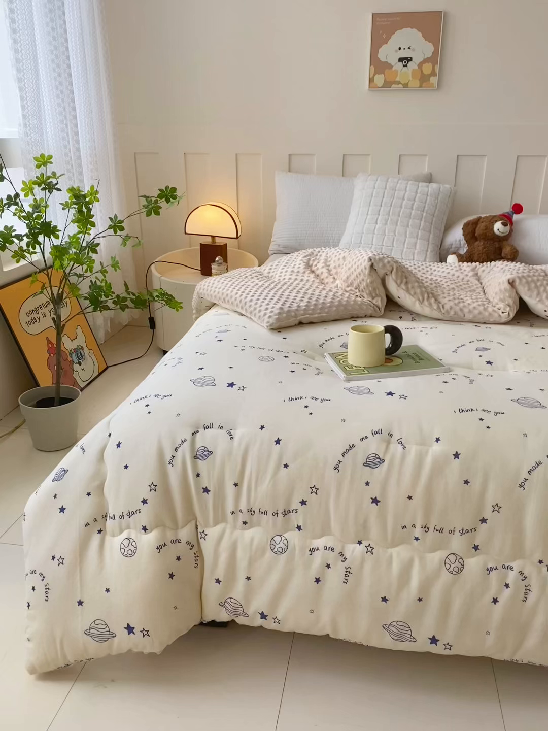 91家纺网 家纺一手货源 找家纺 小叮当家纺仓储工厂店 2025新款A类母婴级全棉双层纱婴儿绒210g豆豆被20%大豆纤维单人双人被芯 星际