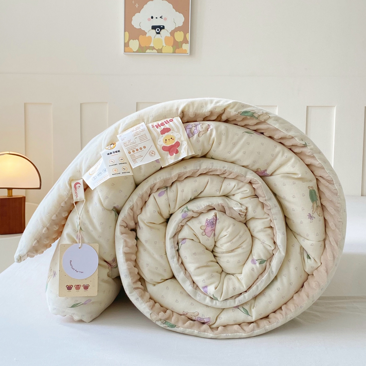 小叮当家纺仓储工厂店 2025新款A类母婴级全棉双层纱婴儿绒210g豆豆被20%大豆纤维单人双人被芯 郁金香兔兔