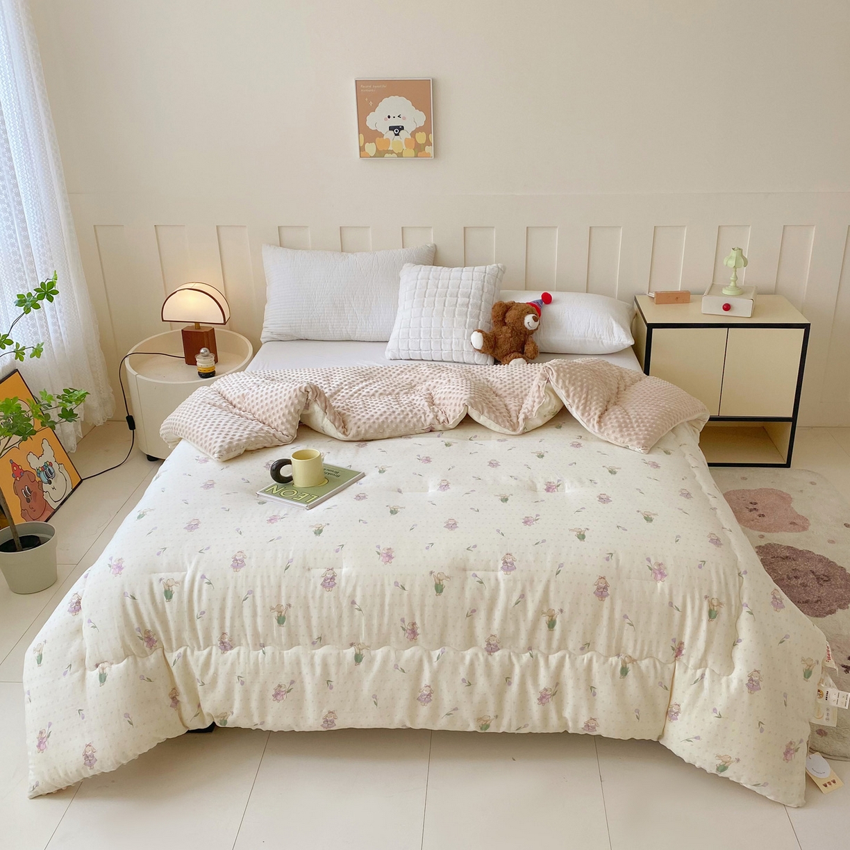 91家纺网 家纺一手货源 找家纺 小叮当家纺仓储工厂店 2025新款A类母婴级全棉双层纱婴儿绒210g豆豆被20%大豆纤维单人双人被芯 郁金香兔兔