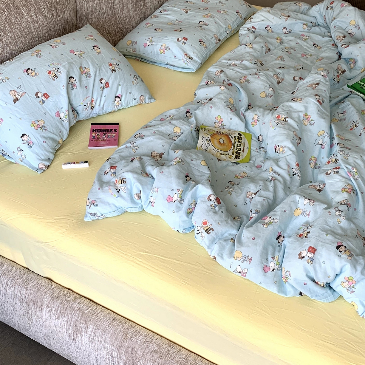 91家纺网 家纺一手货源 找家纺 源启生活 2025新款正版史努比系列全棉纯棉双层纱四件套 顽皮史努比