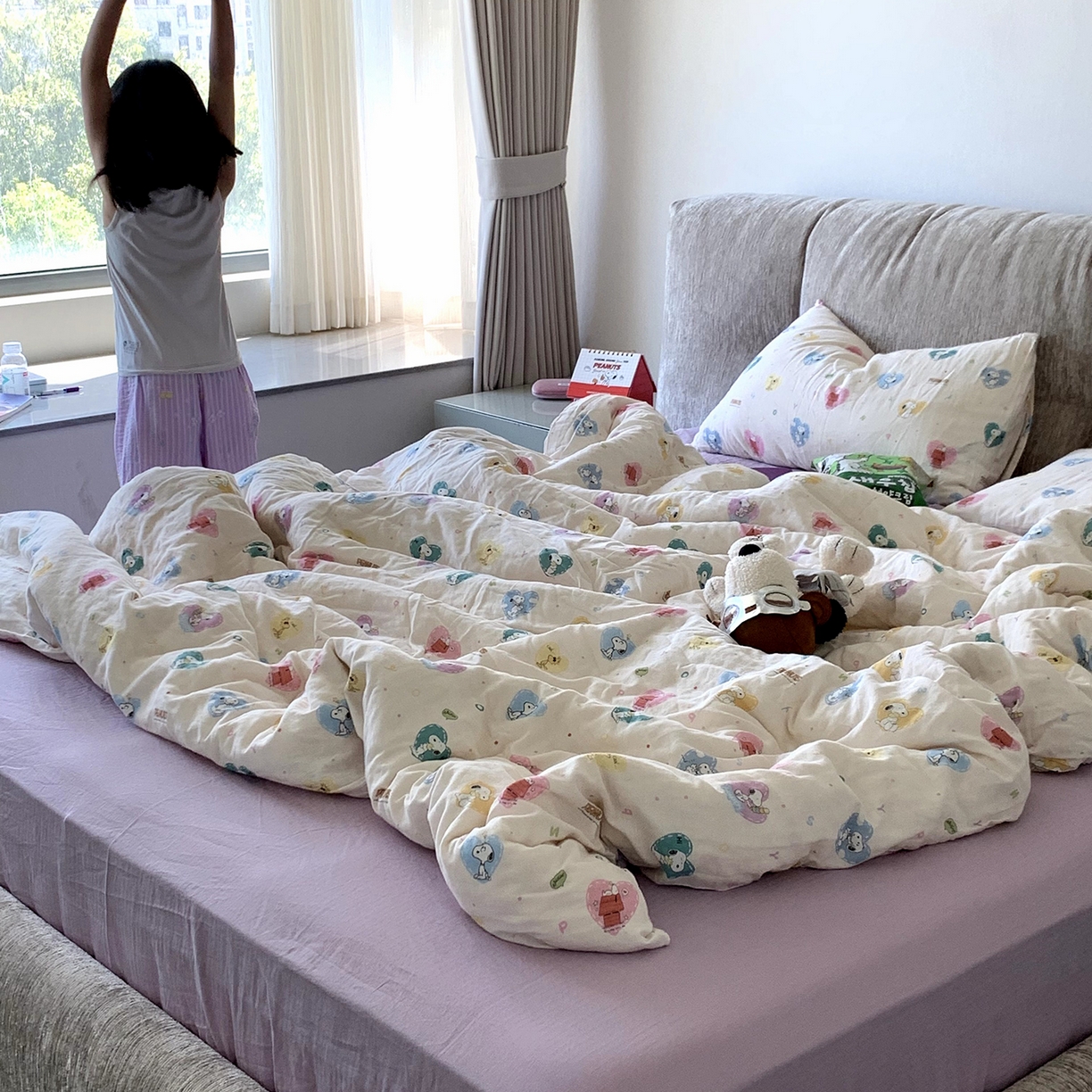 91家纺网 家纺一手货源 找家纺 源启生活 2025新款正版史努比系列全棉纯棉双层纱四件套 甜心史努比