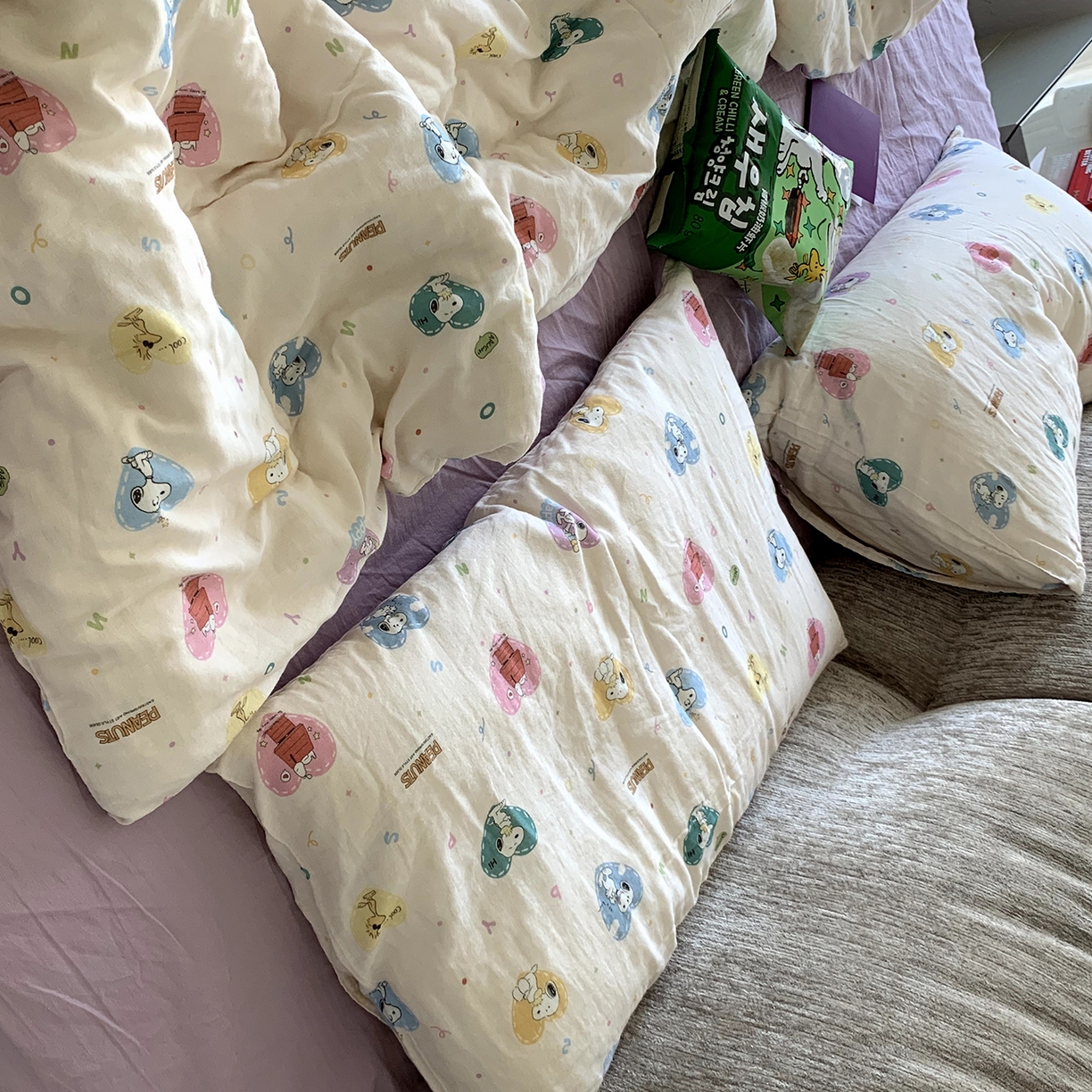 91家纺网 家纺一手货源 找家纺 源启生活 2025新款正版史努比系列全棉纯棉双层纱四件套 甜心史努比