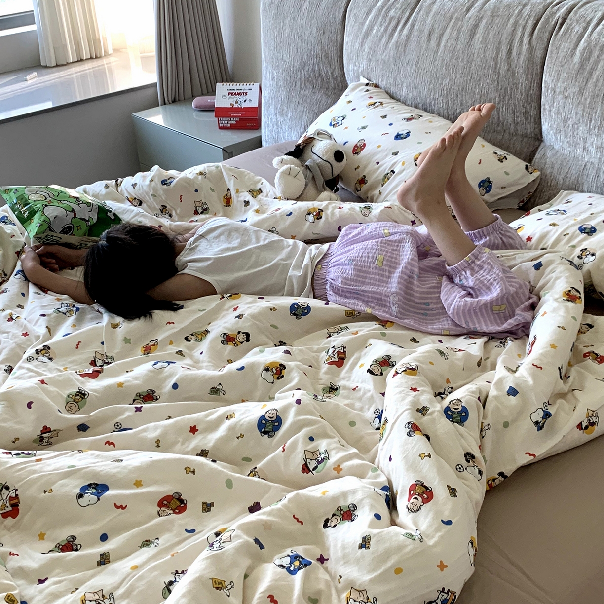 91家纺网 家纺一手货源 找家纺 源启生活 2025新款正版史努比系列全棉纯棉双层纱四件套 星星史努比