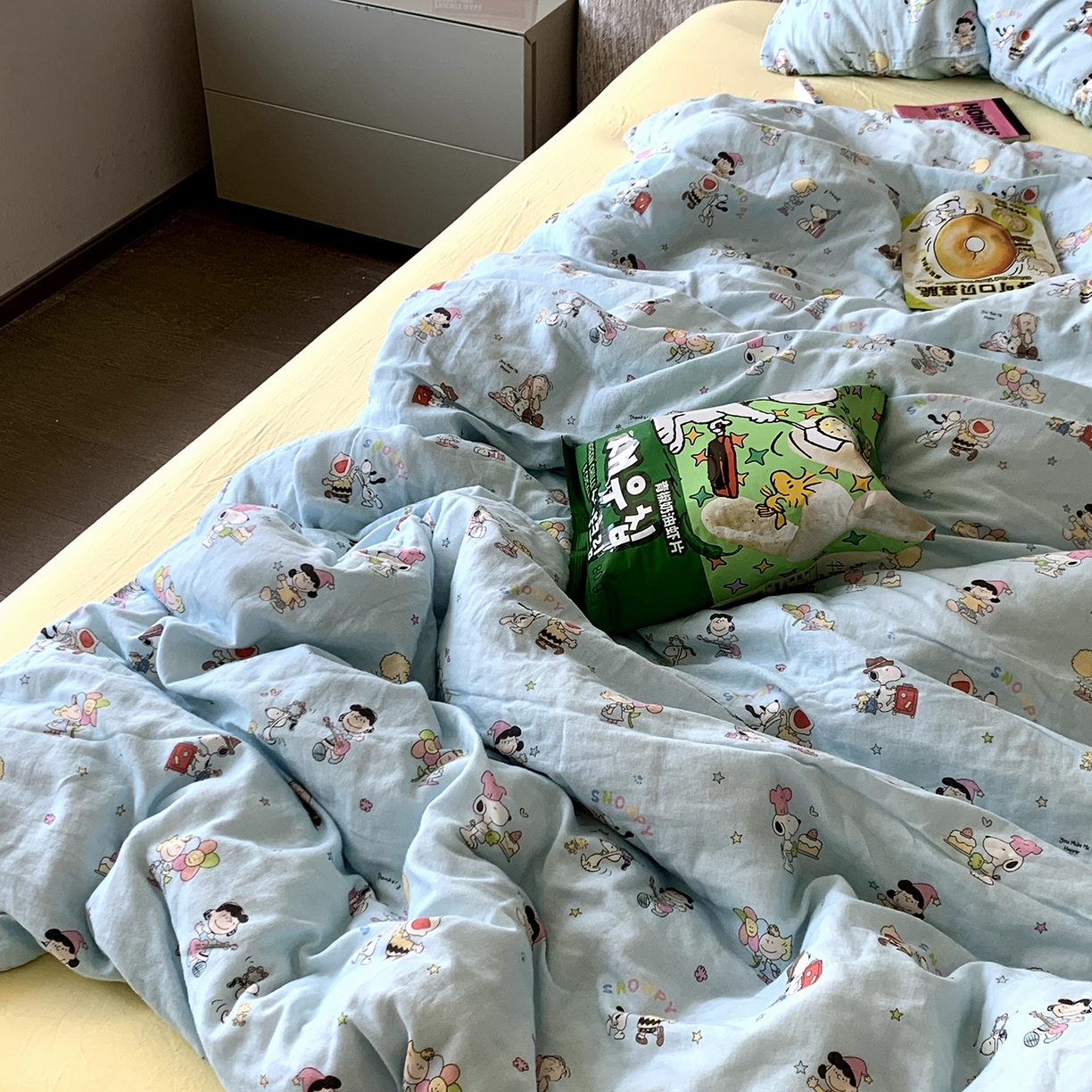 91家纺网 家纺一手货源 找家纺 源启生活 2025新款正版史努比系列全棉纯棉双层纱四件套 顽皮史努比