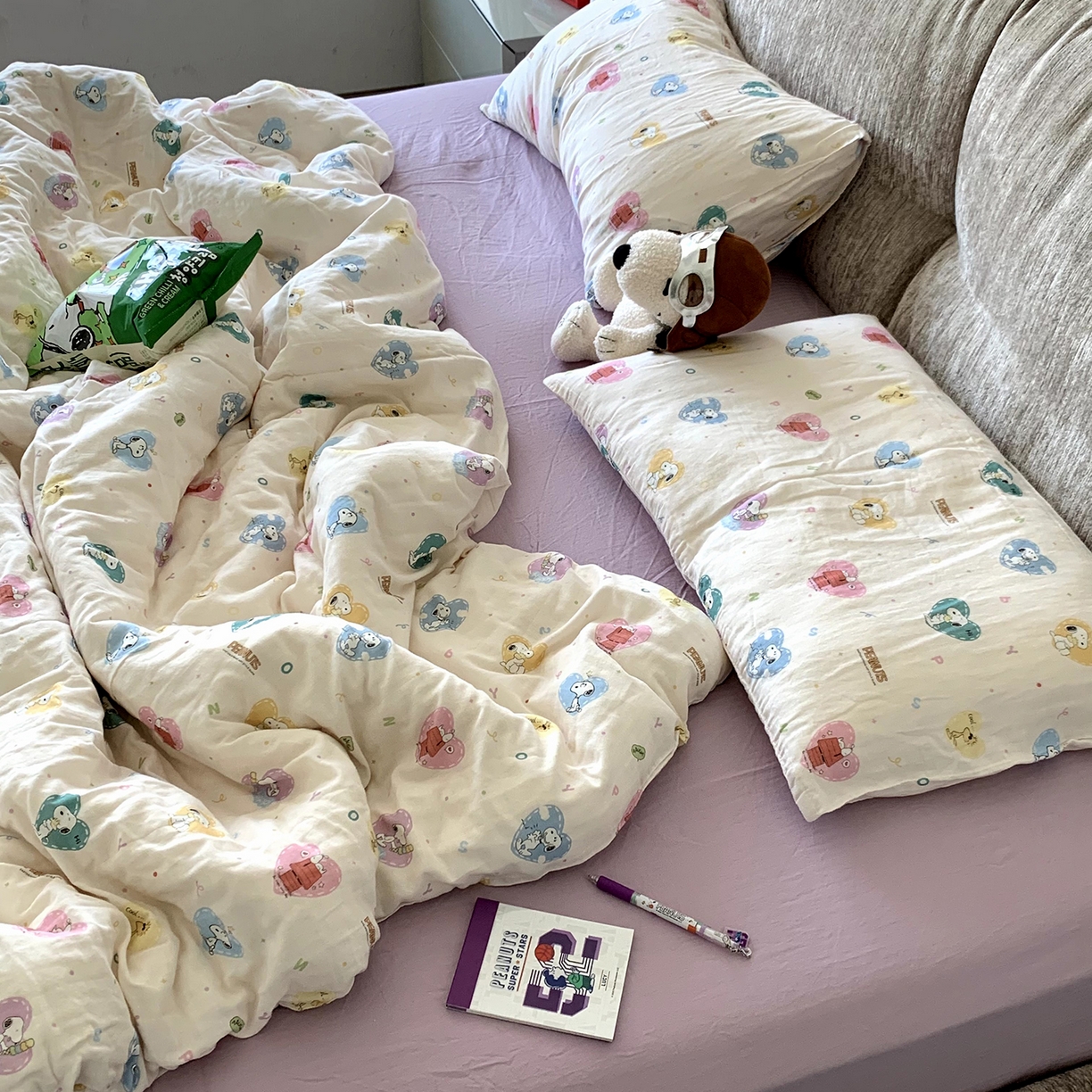 91家纺网 家纺一手货源 找家纺 源启生活 2025新款正版史努比系列全棉纯棉双层纱四件套 甜心史努比