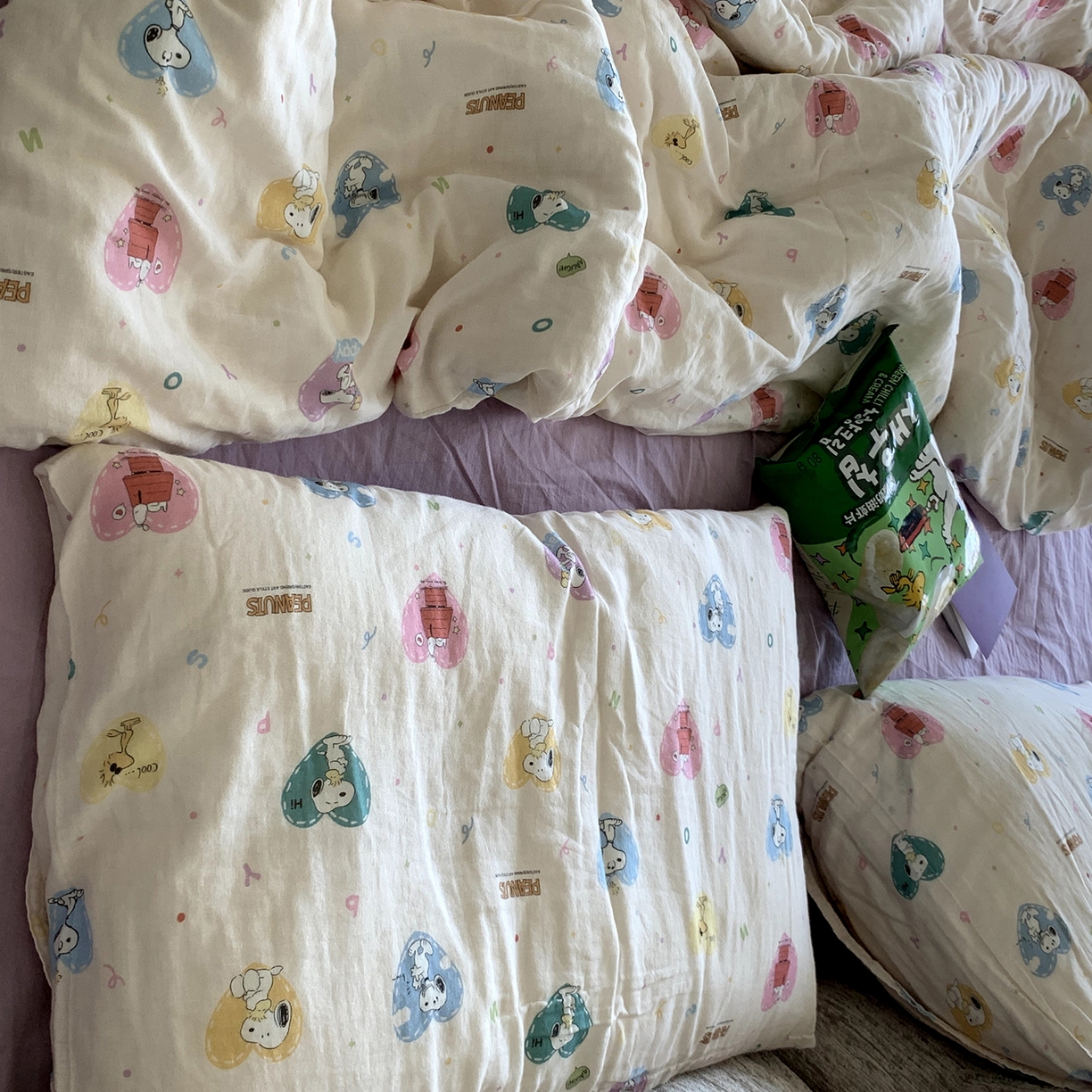 91家纺网 家纺一手货源 找家纺 源启生活 2025新款正版史努比系列全棉纯棉双层纱四件套 甜心史努比