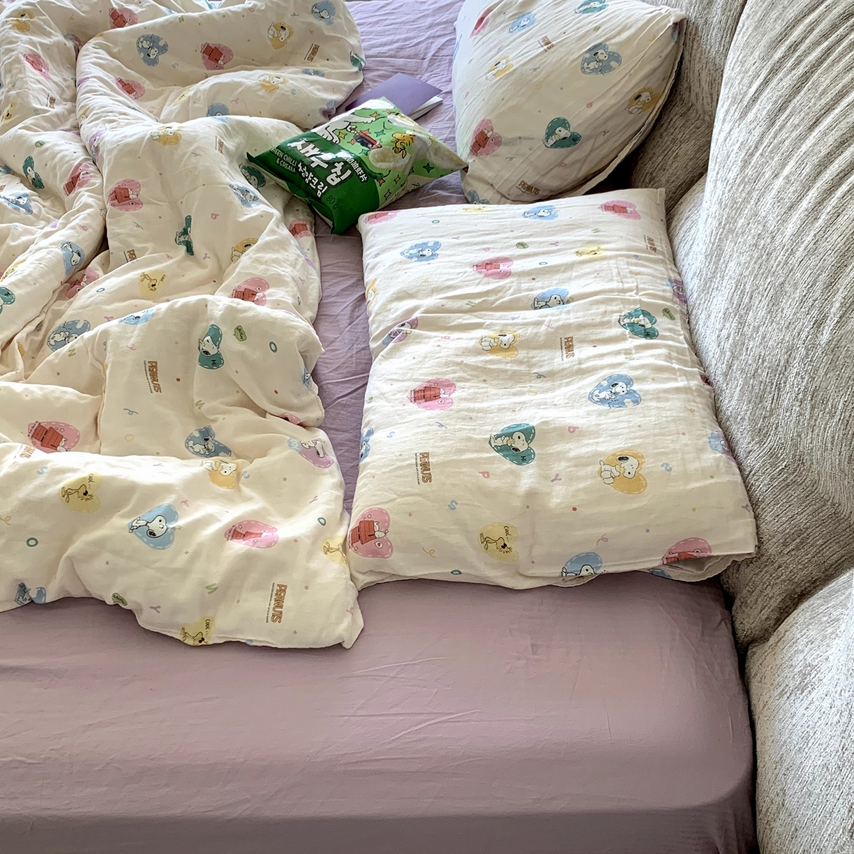 91家纺网 家纺一手货源 找家纺 源启生活 2025新款正版史努比系列全棉纯棉双层纱四件套 甜心史努比