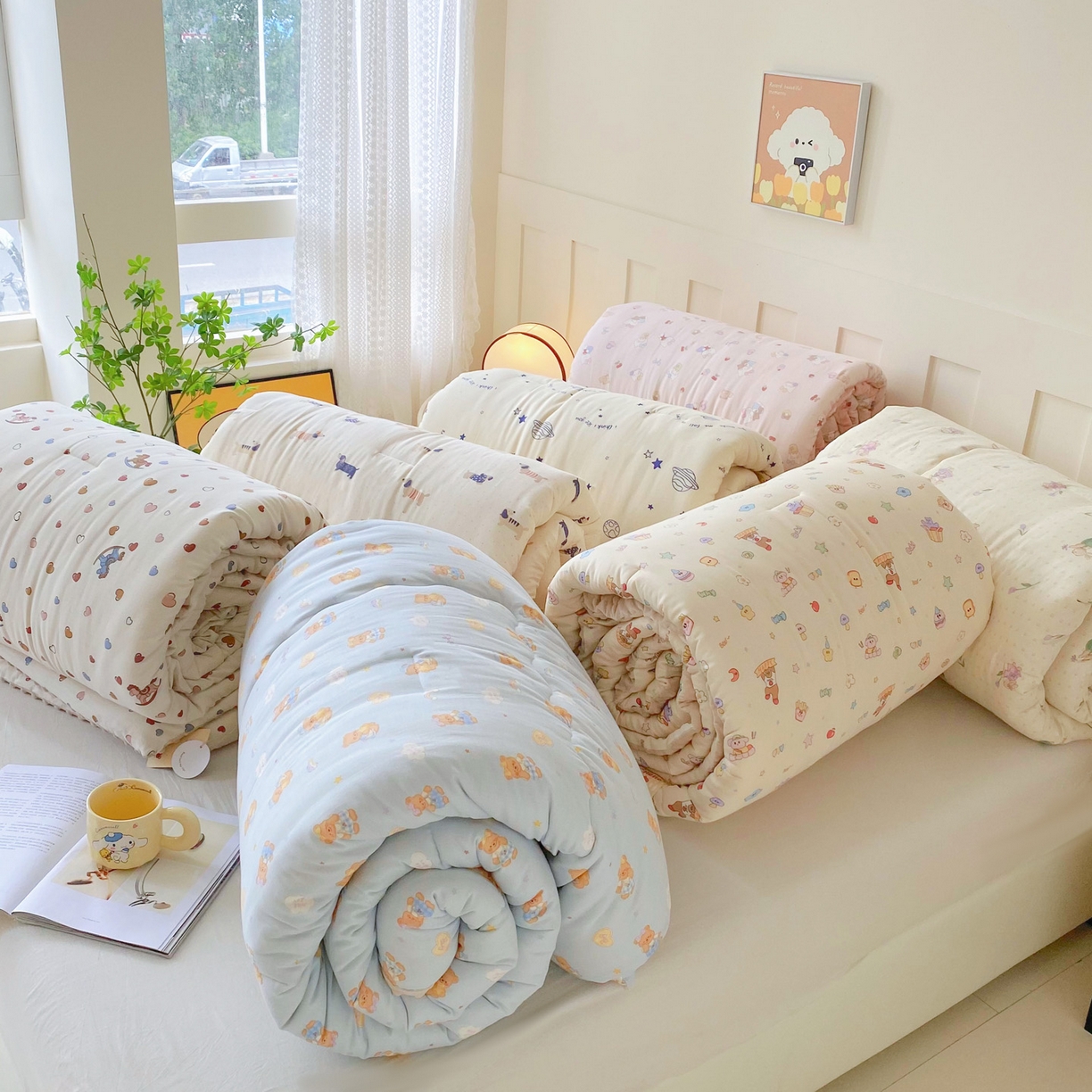 91家纺网 家纺一手货源 找家纺 小叮当家纺仓储工厂店 2025新款A类母婴级全棉双层纱婴儿绒210g豆豆被20%大豆纤维单人双人被芯 组合图仅供展示不可下单