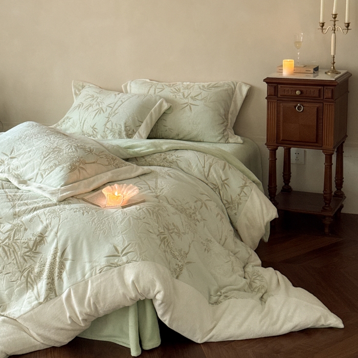 云栖家居 2025秋冬消光加厚立体雕花牛奶绒四件套系列-元英系列（控价不低于199） 远山竹叶