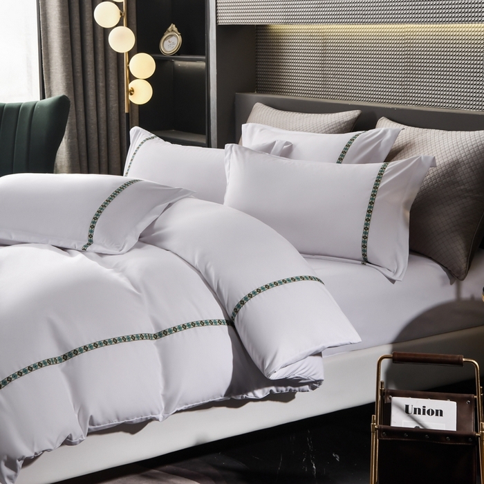 91家纺网 家纺一手货源 找家纺 啊雅家居 2026新款加厚磨毛织带绑带款民宿四件套 小织带绑带款