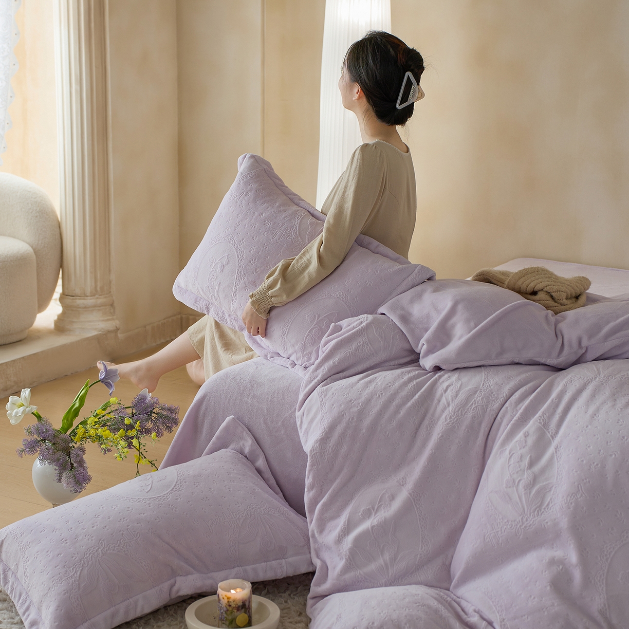 91家纺网 家纺一手货源 找家纺 （总）亿梵家居 2025秋冬新款A类全消光牛奶绒立体5D雕花绒四件套-风格一 （提供买家秀）