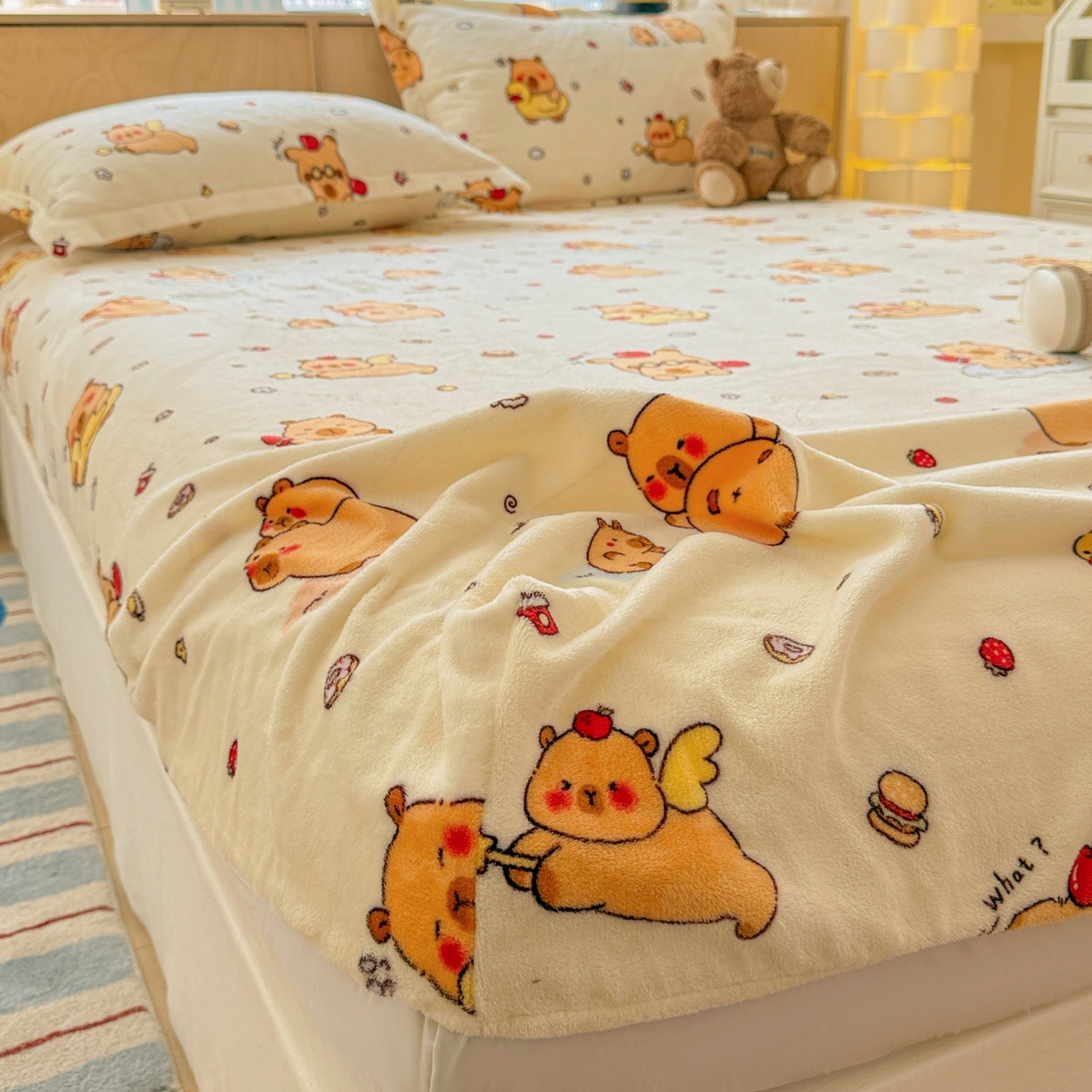 91家纺网 家纺一手货源 找家纺 名兮家居 2025新款高克重印花牛奶绒单床笠床笠单件 贪吃巴拉