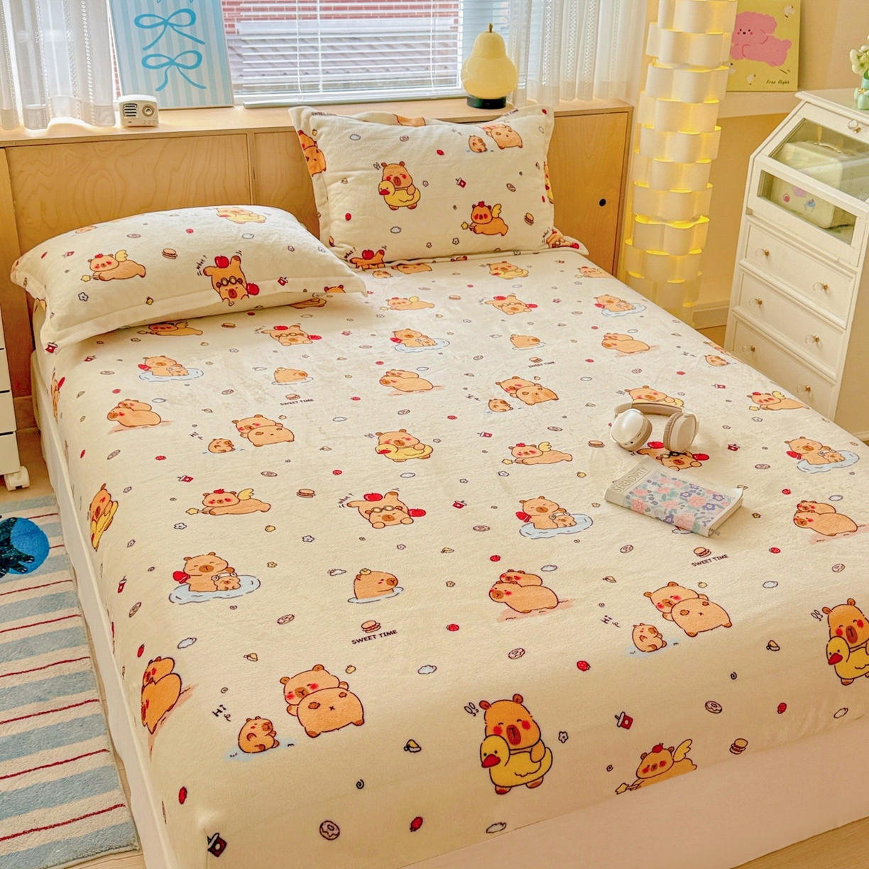 91家纺网 家纺一手货源 找家纺 名兮家居 2025新款高克重印花牛奶绒单床笠床笠单件 贪吃巴拉