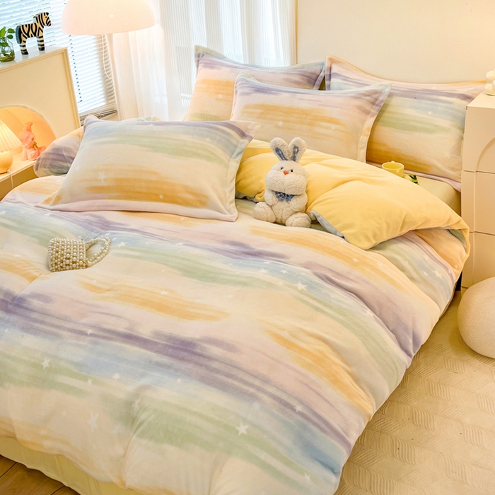 91家纺网 家纺一手货源 找家纺 寐居家纺 2025新款印花牛奶绒四件套 七彩流星