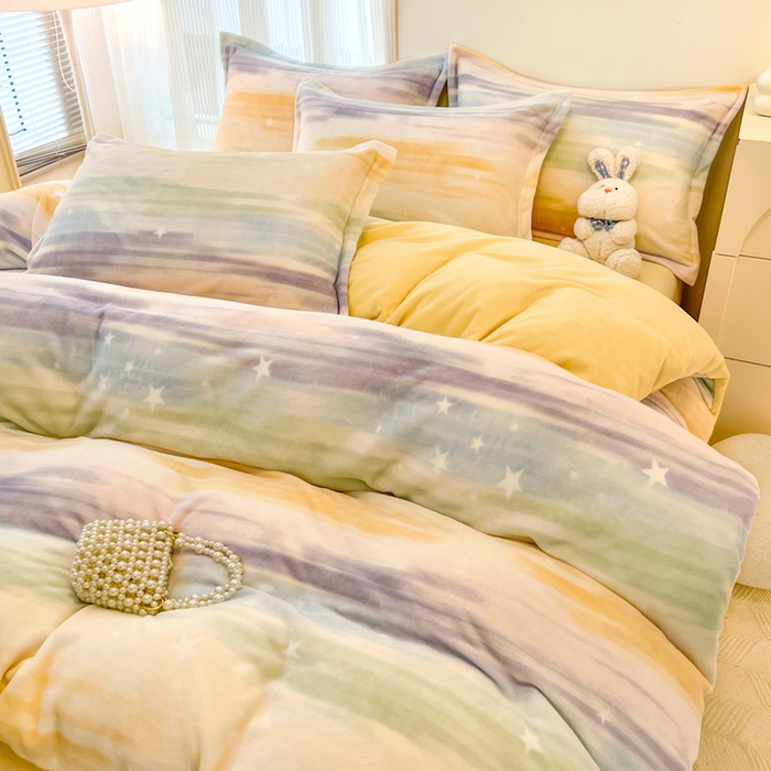 91家纺网 家纺一手货源 找家纺 寐居家纺 2025新款印花牛奶绒四件套 七彩流星