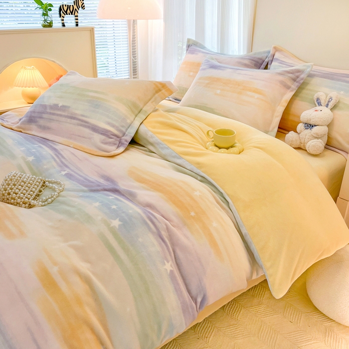 91家纺网 家纺一手货源 找家纺 寐居家纺 2025新款印花牛奶绒四件套 七彩流星