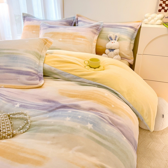 91家纺网 家纺一手货源 找家纺 寐居家纺 2025新款印花牛奶绒四件套 七彩流星