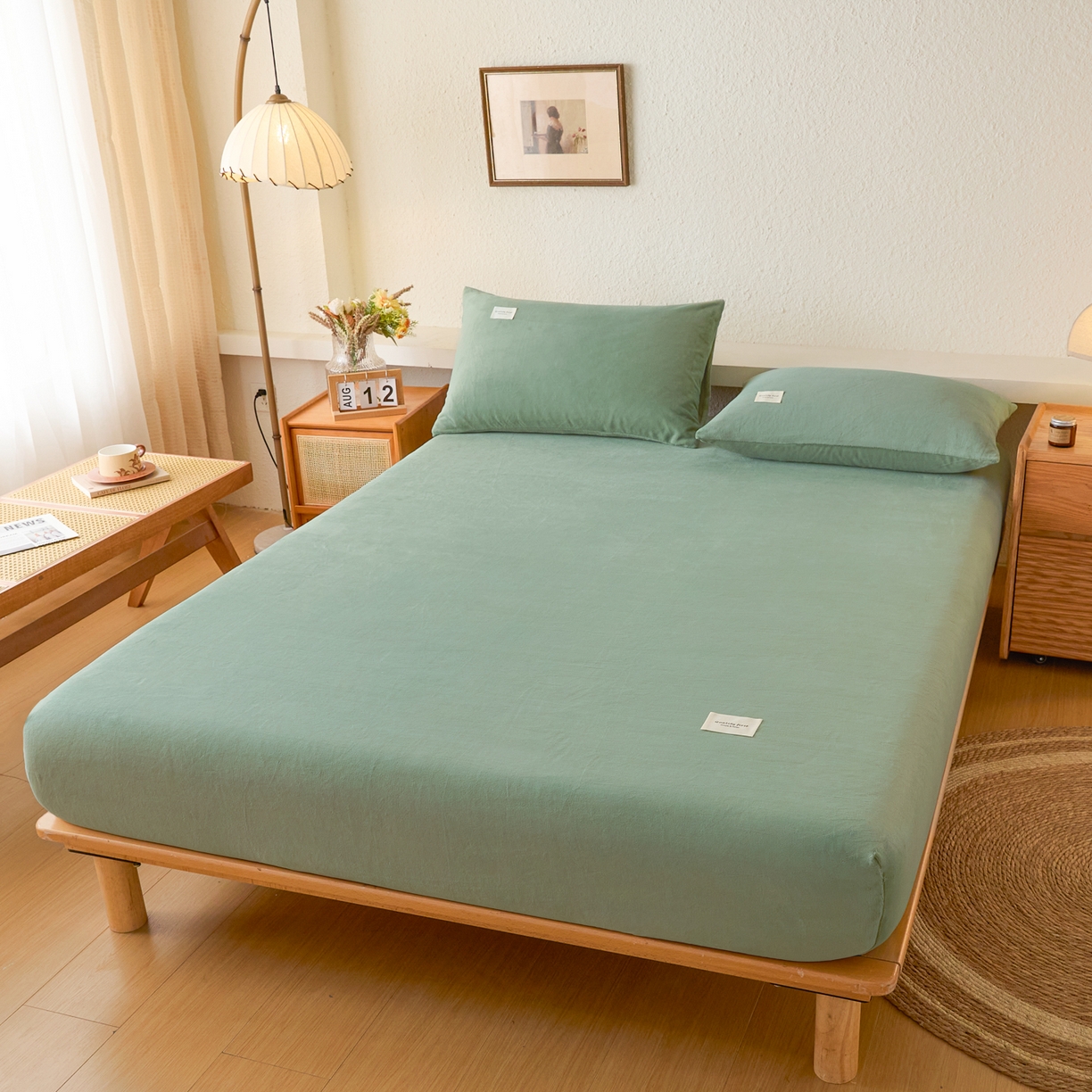 91家纺网 家纺一手货源 找家纺 衿成家纺 2025新款牛奶绒单床笠床笠单件系列 墨子绿