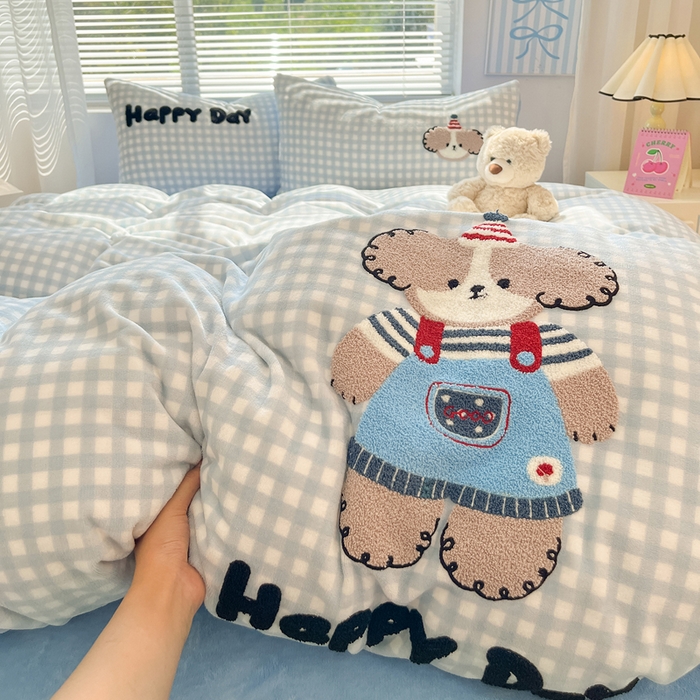 寐居家纺 2025新款牛奶绒大版毛巾绣床单款四件套 帕帕狗