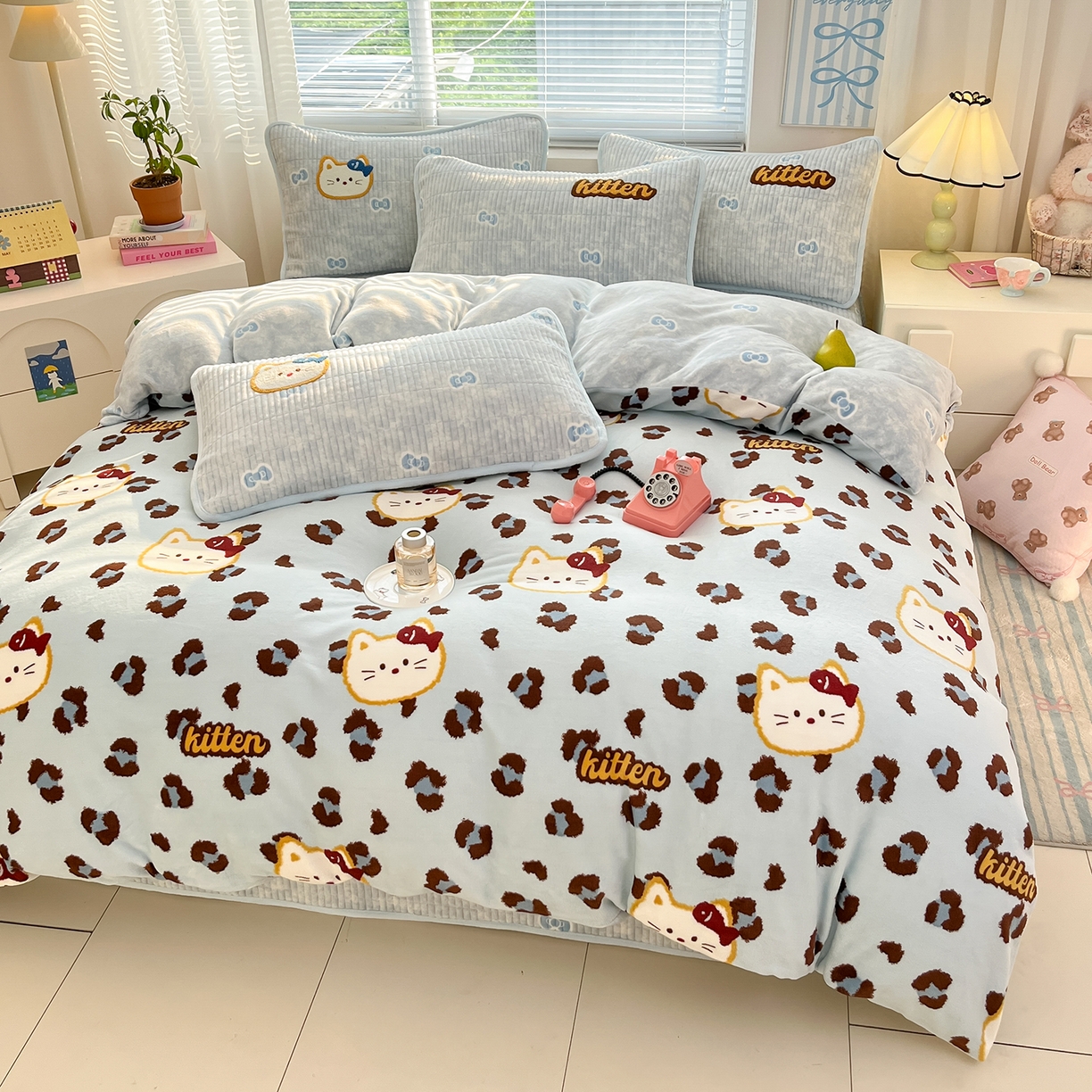 91家纺网 家纺一手货源 找家纺 寐居家纺 2025新款A类牛奶绒床盖款四件套 豹纹kt喵