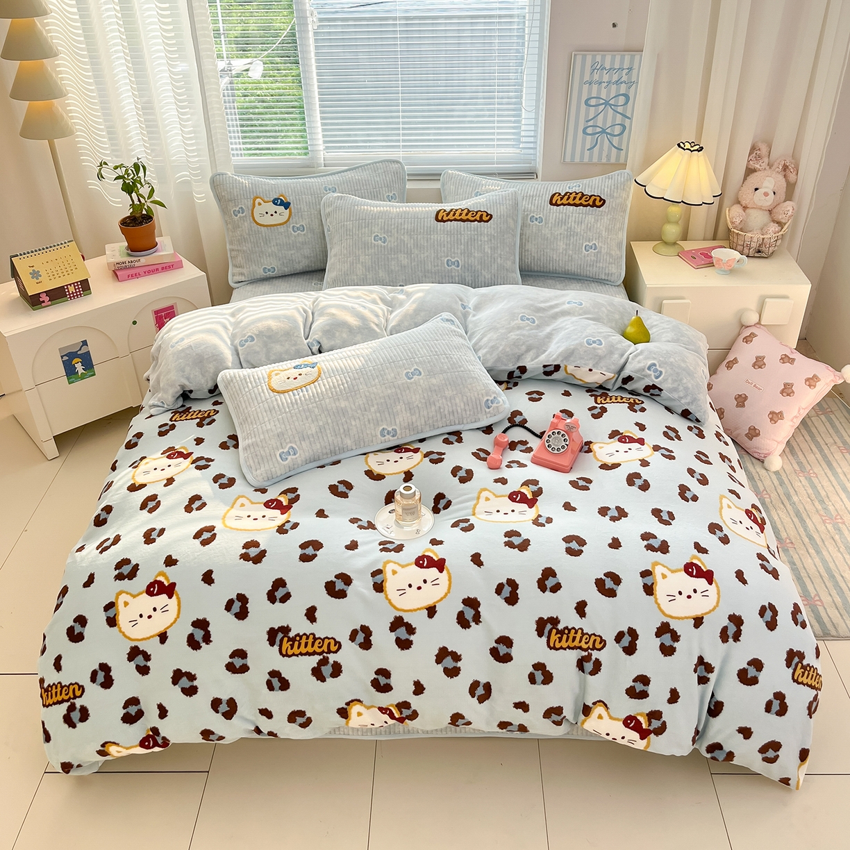 91家纺网 家纺一手货源 找家纺 寐居家纺 2025新款A类牛奶绒床盖款四件套 豹纹kt喵