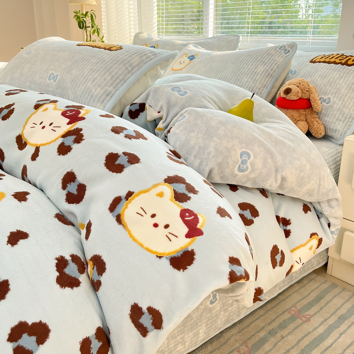 91家纺网 家纺一手货源 找家纺 寐居家纺 2025新款A类牛奶绒床盖款四件套 豹纹kt喵