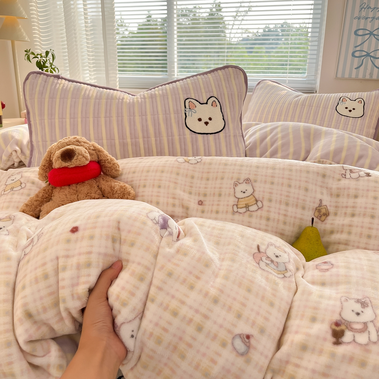 91家纺网 家纺一手货源 找家纺 寐居家纺 2025新款A类牛奶绒床盖款四件套 星黛小奶狗