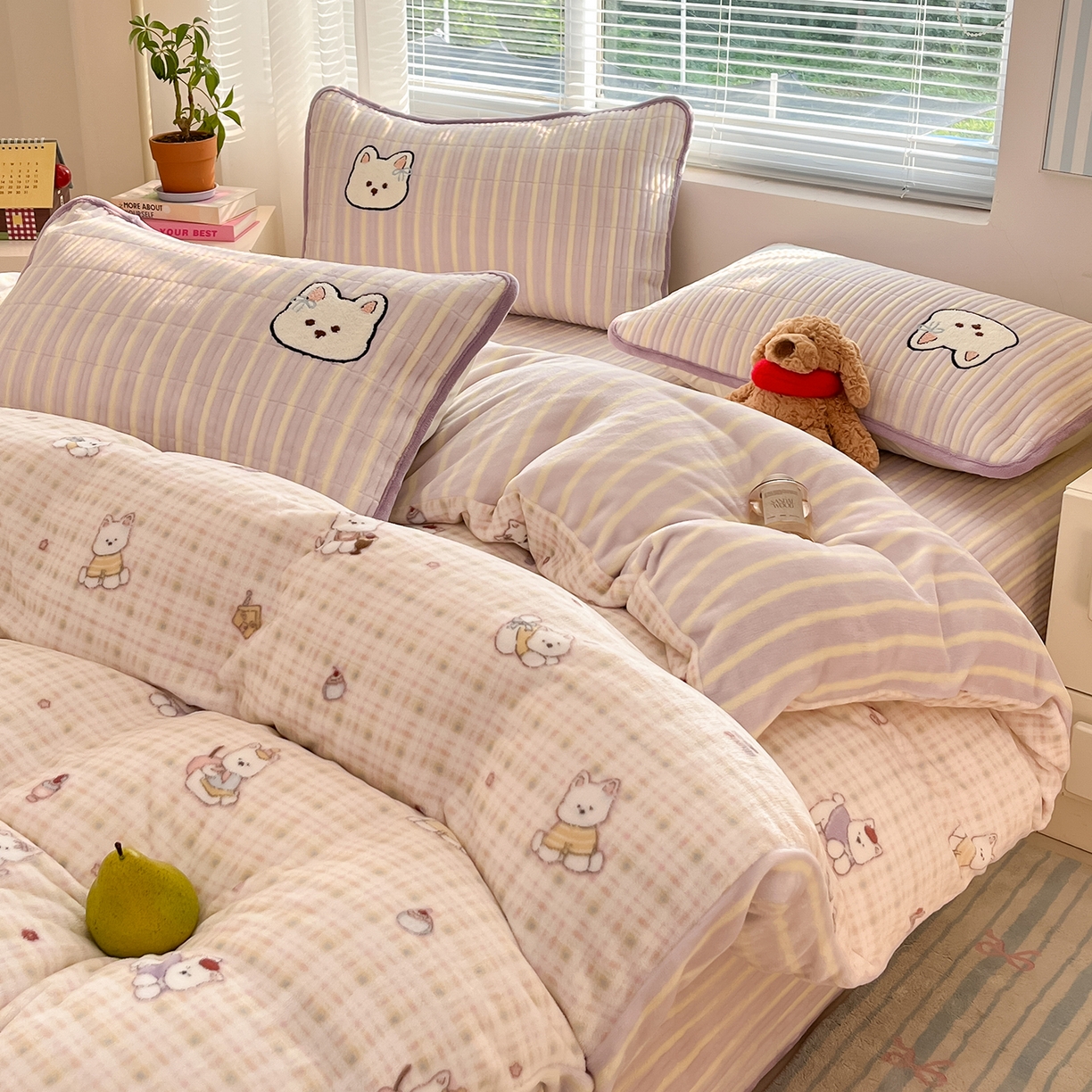 91家纺网 家纺一手货源 找家纺 寐居家纺 2025新款A类牛奶绒床盖款四件套 星黛小奶狗