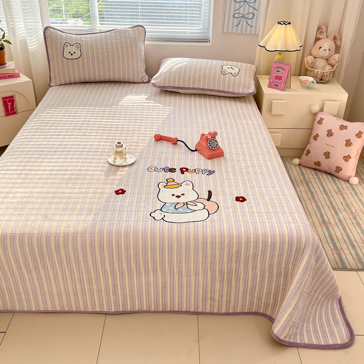 91家纺网 家纺一手货源 找家纺 寐居家纺 2025新款A类牛奶绒床盖款四件套 星黛小奶狗