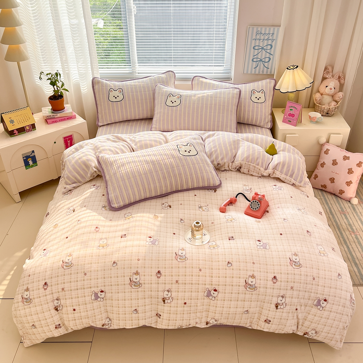 91家纺网 家纺一手货源 找家纺 寐居家纺 2025新款A类牛奶绒床盖款四件套 星黛小奶狗