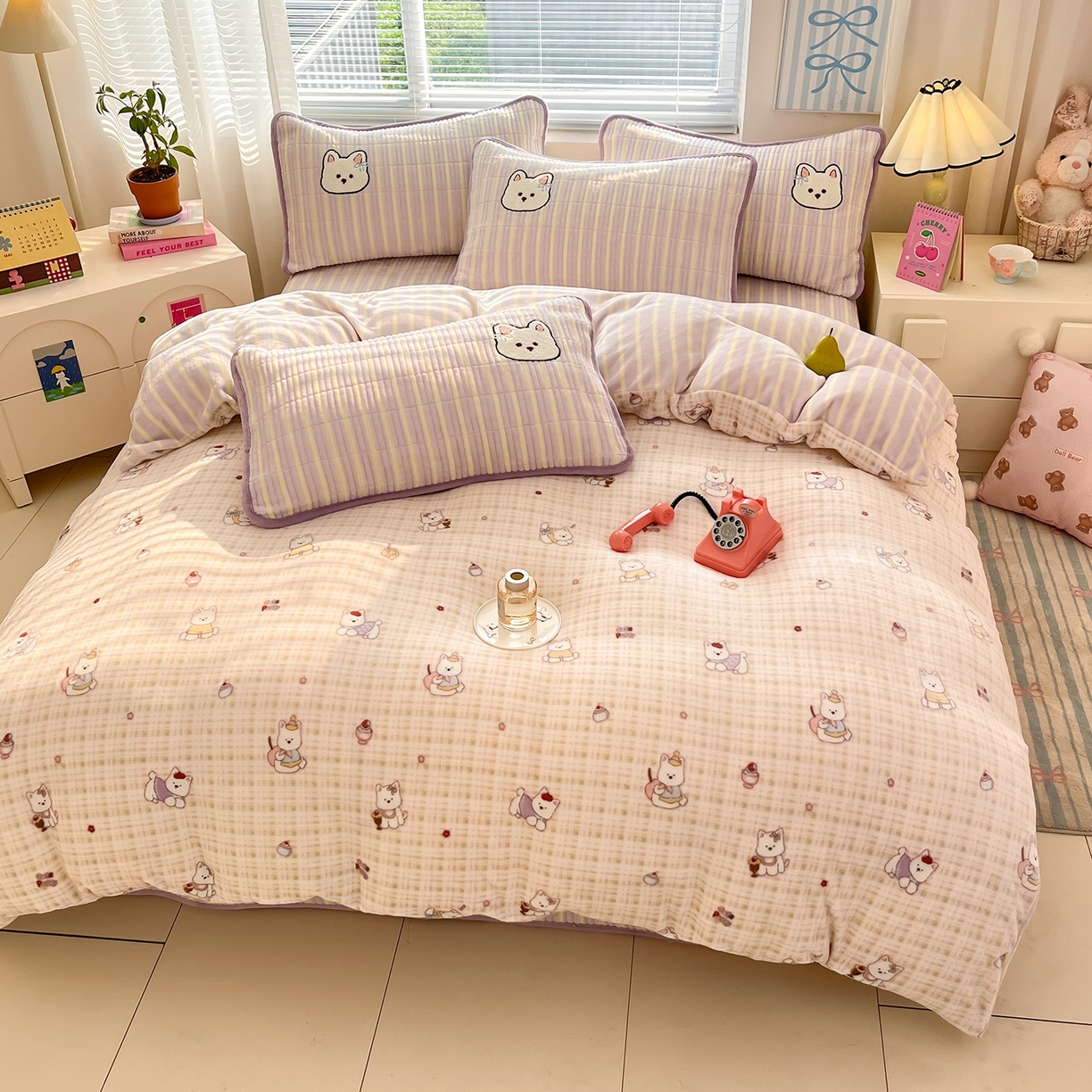 91家纺网 家纺一手货源 找家纺 寐居家纺 2025新款A类牛奶绒床盖款四件套 星黛小奶狗