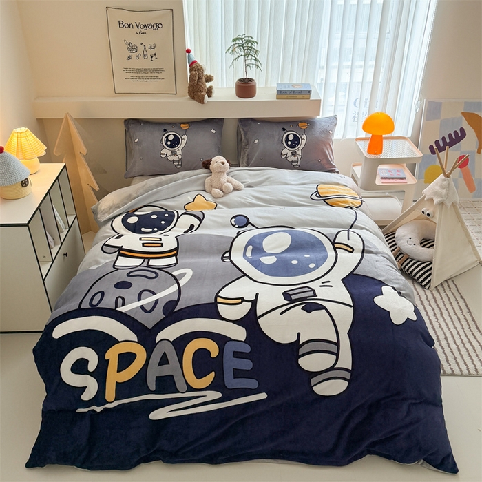 慕晨 2025新款卡通可爱大版印花牛奶绒加厚保暖小清新四件套直播 遨游太空