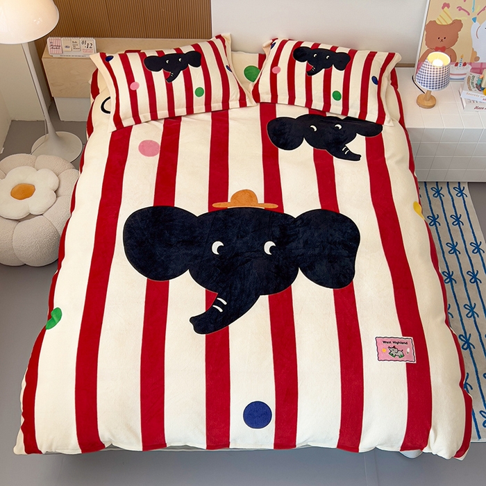 91家纺网 家纺一手货源 找家纺 慕晨 2025新款卡通可爱大版印花牛奶绒加厚保暖小清新四件套直播 波点象