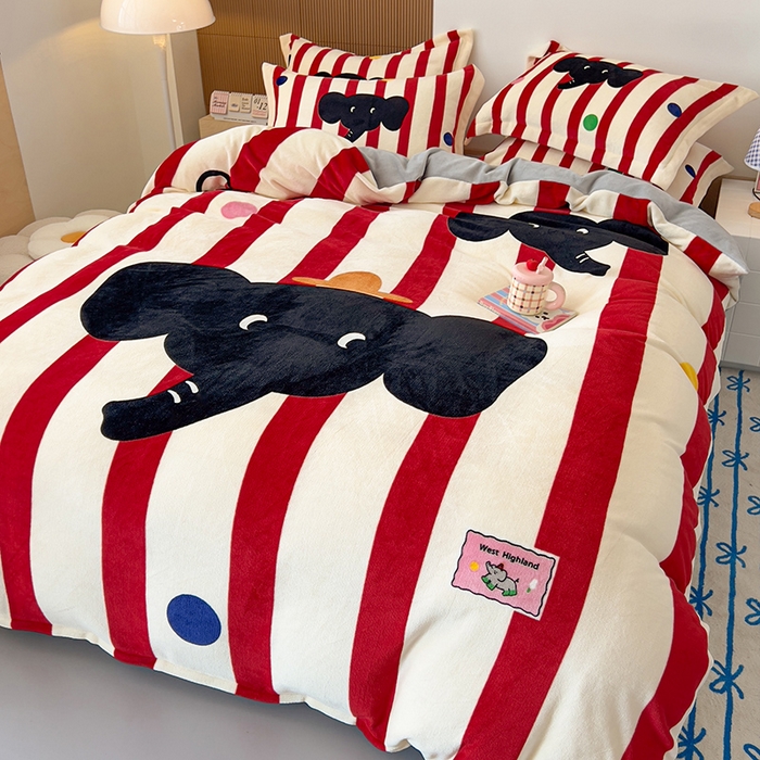 91家纺网 家纺一手货源 找家纺 慕晨 2025新款卡通可爱大版印花牛奶绒加厚保暖小清新四件套直播 波点象